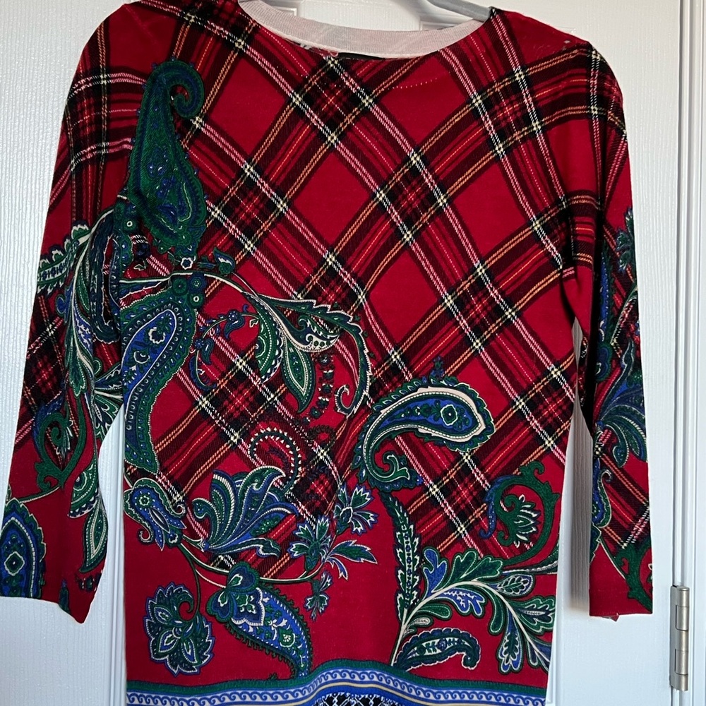 Talbots Red and Green Plaid Paisley 3/4 sleeved Merino Wool sweater